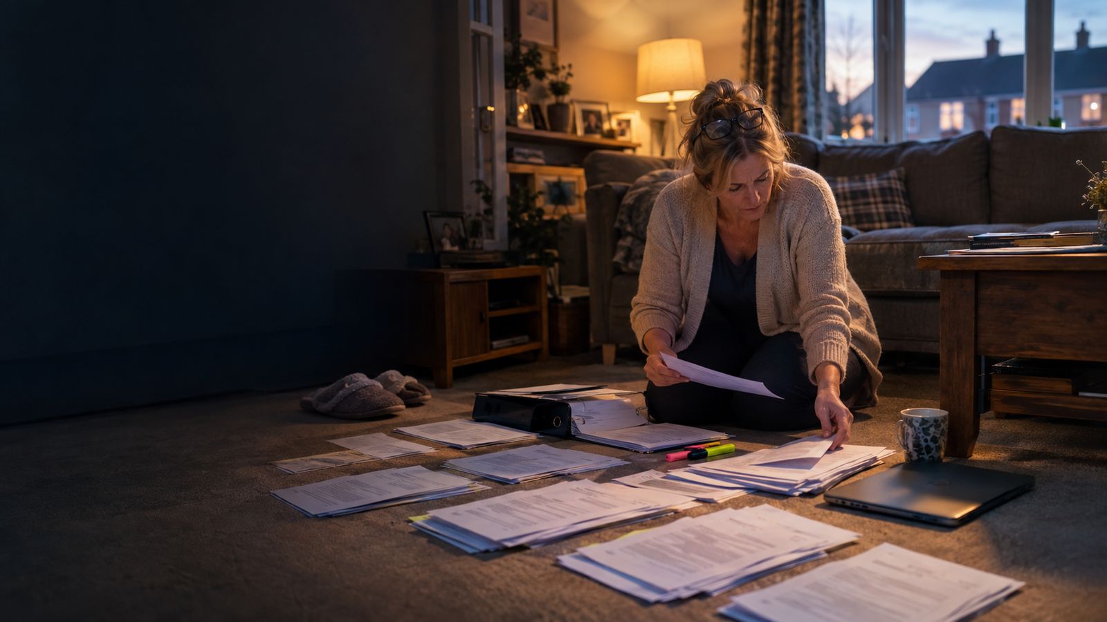 A woman kneeling on a front-room floor, sorting paperwork into piles