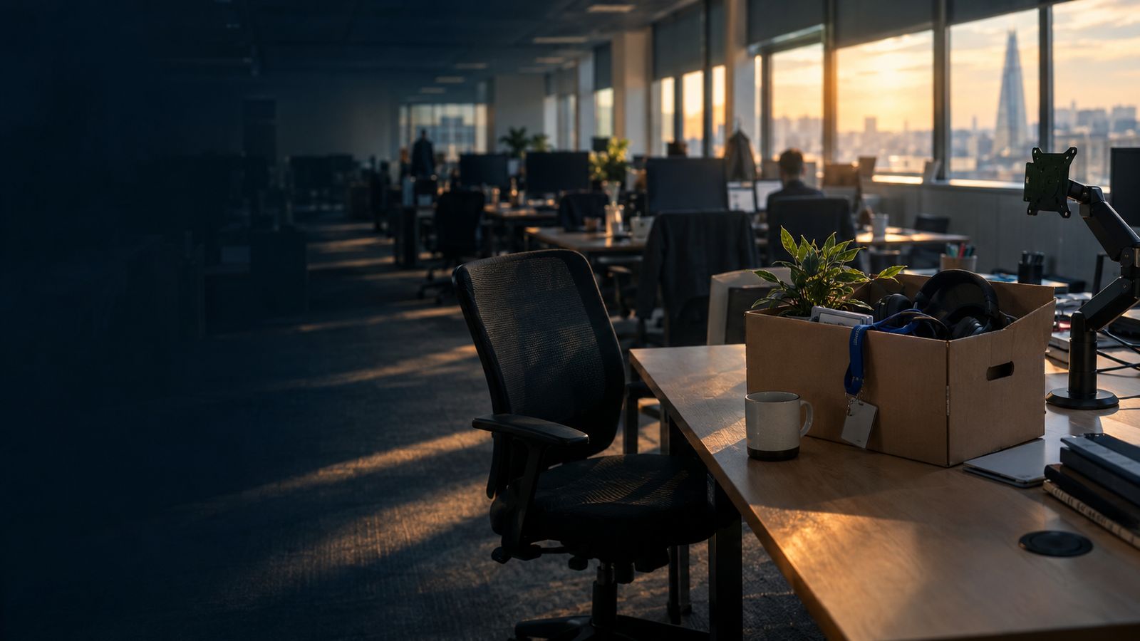 A half-packed cardboard box on a cleared desk in an office at the end of the day